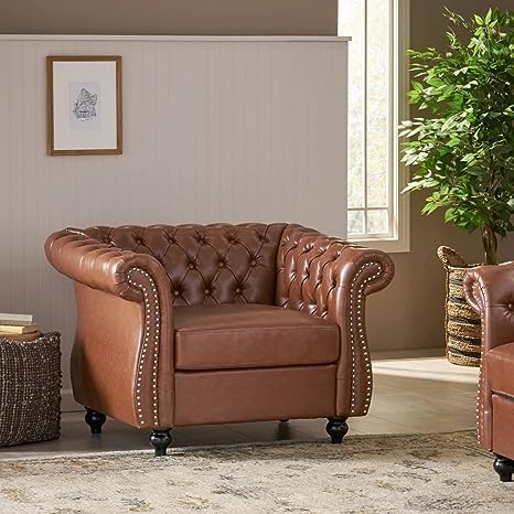 Solid Wood Leatherette Upholstered Button Tufted Chesterfield Single Seater Sofa Set for Living Room (1 Seater Brown)-image-8