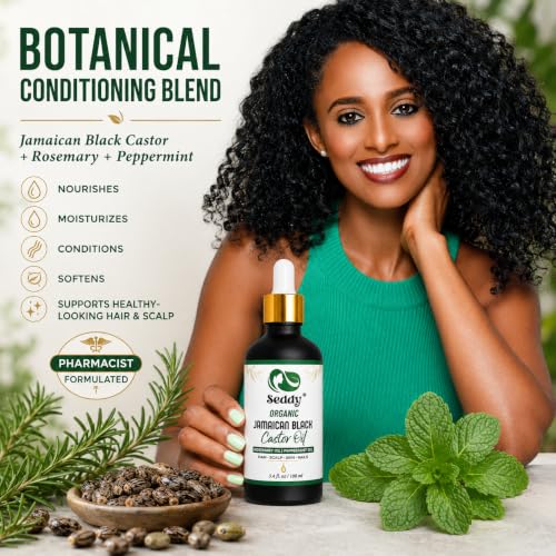 Image of Seddy Organic Jamaican Black Castor Oil with Rosemary & Peppermint - Cold-Pressed, Hexane-Free Hair Growth & Scalp Treatment Oil for Thicker, Stronger Hair, Edges & Beard - 3.4 fl oz