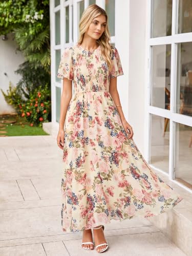 Image of Simplee Womens Casual Floral Summer Maxi Dress 2026 Boho Flowy Short Sleeve Crew Neck Vacation Smocked Chiffon Dresses