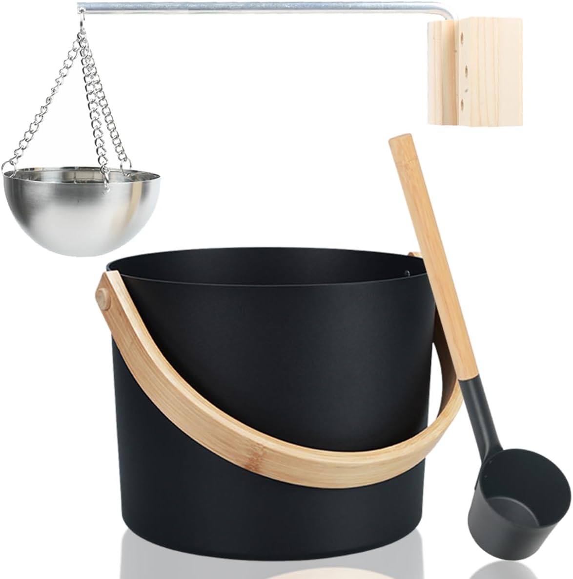 Sauna Bucket and Ladle Set,7 Liters Aluminum Sauna Accessories with Bamboo Handle Handle Spoon Essential Oil Diffuser Bowl Suitable for Hydrotherapy, Sauna and Steam Baths Home Sauna