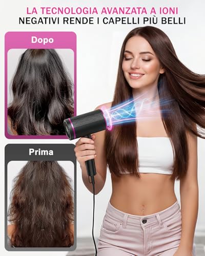 Phon Capelli Professionale Pieghevole 2400W Con Motore Turbo Ac, Asciugacapelli Ionico Da Viaggio Silenzioso, Con Diffusore, Beccuccio, Spazzola Scheletro E Pettine A Denti Lunghi - 5