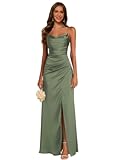 Women&apos;s Spaghetti Straps Bridesmaid Dresses with Slit Cowl Neck Pleated Mermaid Formal Party Dress NO181