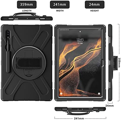 Gerutek Case for Samsung Galaxy Tab S8 Ultra 14.6 inch 2022 , Shockproof Rugged Tab S8 Ultra Case with 360 Rotating Hand Strap/Kickstand/Shoulder Strap Case for Samsung Tab S8 Ultra SM-X900/X906,Black