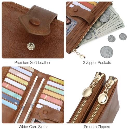 Image of GOIACII Wallet for Women Ladies Wallets Double Zippers Clutch Purse Brown | Bifold Ladies Card Holder,Zipper Pockets,Ladies Wallets,Vintage Wallets for Women