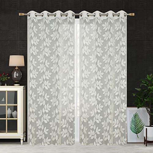 Image of Honger Polyester Beautiful Leaves Design Heavy Tissue Semi Transparent Net Pack of 2 Pecs Curtains for || Cream Color || 5 Feet Window Curtains