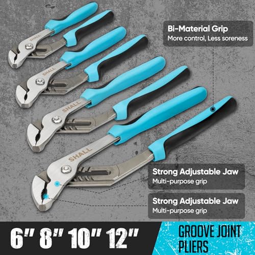 SHALL 8-Piece Adjustable Wrench & Water Pump Pliers Set, 12/10/8/6 Inch, 4Pcs Adjustable Tongue and Groove Joint Pliers and 4Pcs Wide Jaw Forged Steel Wrench for Plumbing, Gripping, Auto Home Repair by SHALL - Image 2