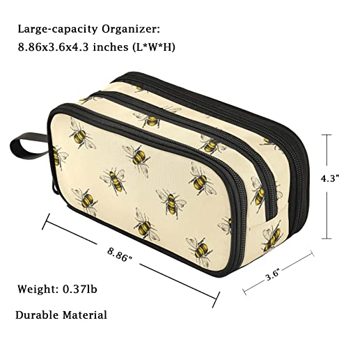 Image of Fustylead Rural Honeybee Retro Floral Large Pencil Pen Case Stationery Bag, 3 Compartments School College Office Desk Organizer Storage Pouch Marker for Teen Boys Girls Students-Beige