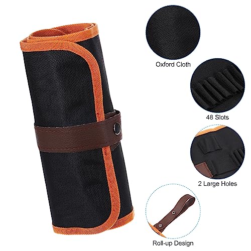Image of PATIKIL Handmade 48 Slots Roll Up Pencil Case, Oxford Cloth Pencil Wrap Pouch Pen Holder Organizer for Artist Drawing Coloring Sketching, Orange /Black