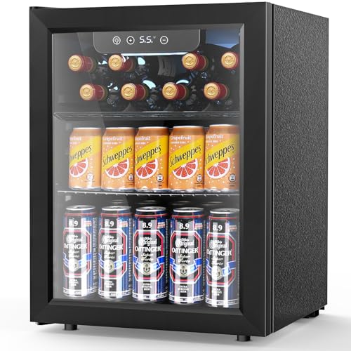 Image of COWSAR Mini Fridge Cooler, 16 Bottle 68 Can Beverage Refrigerator with Glass Door for Wine Beer Soda, Wine Fridge with Touch Control Panel, Wire Shelving for Home Office Bar, 1.7 Cu. Ft