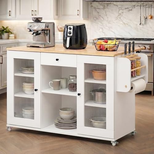 Image of ROCCO Walky Kitchen Island Storage Cabinet with Wheels, Solid Rubber Wood Top, Fluted Acrylic Doors, Built-in Power Sockets & LED Lights, Soft-Close Hinges & Side Organizer (White, Large & Extendable)