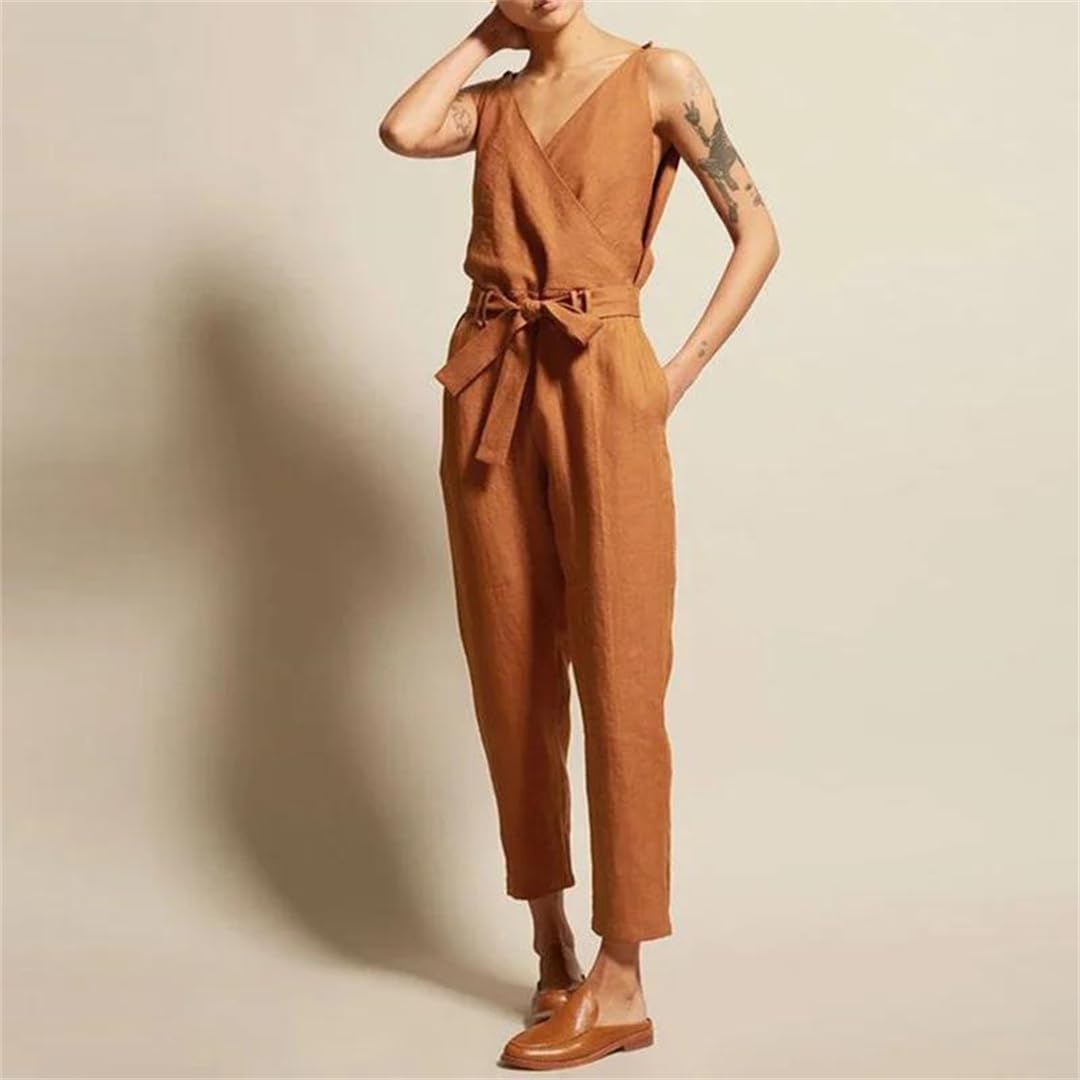 Yeuyyben Tuta da donna in cotone e lino senza maniche con scollo a V a gamba larga con coulisse in vita casual vestibilità ampia taglie pagliaccetto estivo