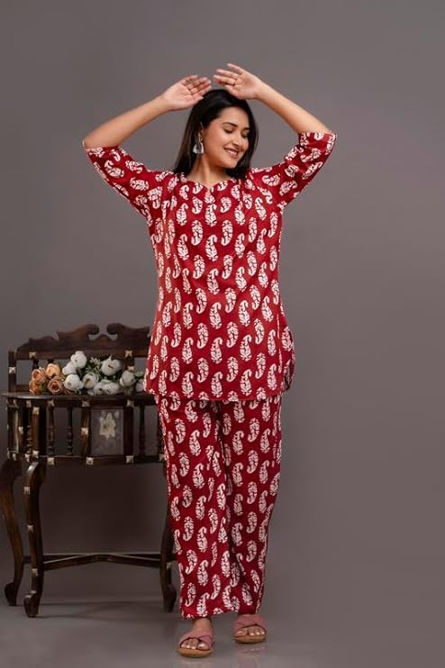 Image of Pure Cotton Printed Night Suit Set | Top Pyjama Set for Women | Night Dress of Kurta Pyjama Set for Women | Kurta Top Set