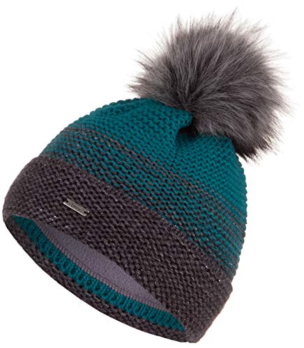 Faera Mütze Damen Wintermütze warm gefüttert mit Fleecefutter Kunstfell Bommelmütze Winter Herbst Bommel Strickmütze Beanie 60, Farbe:Petrol