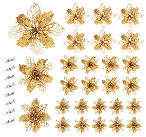 Adorfine 30 flores de Navidad doradas flores de Navidad artificiales 8 cm / 10 cm / 15 cm brillantes adornos para árbol de Navidad con purpurina Poinsettia Cover