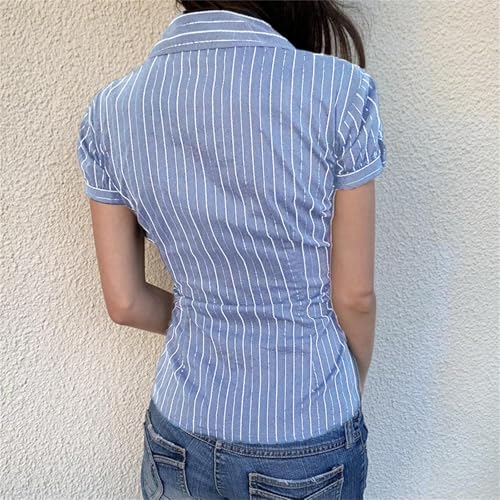 Image of Y2k Girls Vintage Coquette Button Down Shirt Women Short Sleeve V-Neck Slim Fitted T-Shirt Cute Blouse Crop Top