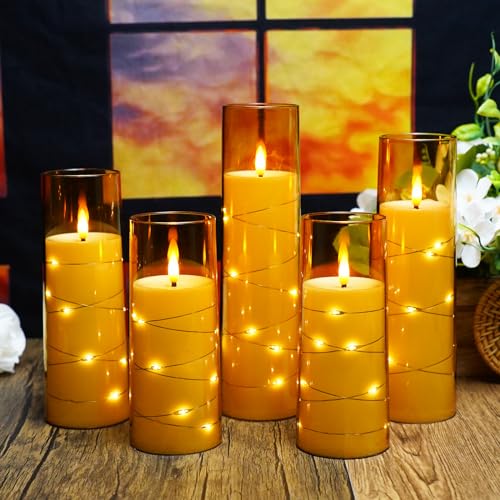 Image of kakoya Flameless LED Candles with Timer 5 Pc Flickering Flameless Candles for Romantic Ambiance and Home Decoration Stable Acrylic Shell,with Embedded Star String,Battery Operated Candles(Gold)