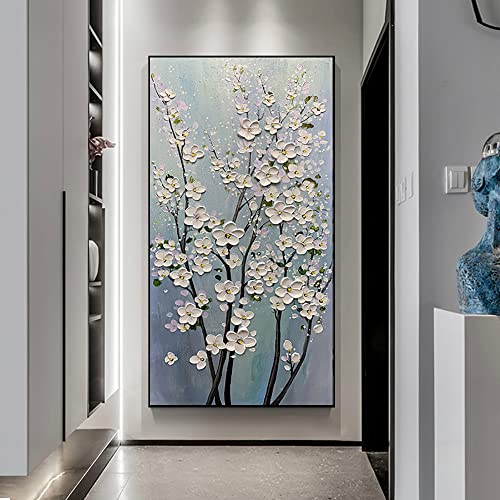 Peinture à l'huile fleurs blanches 3D relief couteau fait main