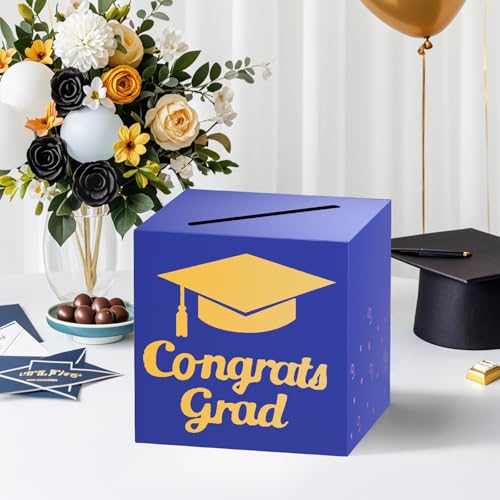 Image of OLANRUN 9 inch Graduation Card Box, Graduation Decorations 2026 - Congrats Grad Foldable Cardstock Money Box for Class of 2026 Grad Party Decor (Blue Gold)