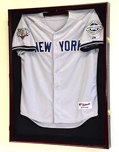 sfDisplay.com,LLC. Sports Jersey Display Case Select Your Size 98% UV Lockable 3 Sizes to Choose Uniform Jacket Frame (Cherry Wood Finish, X-Large Jersey=38x29x3)