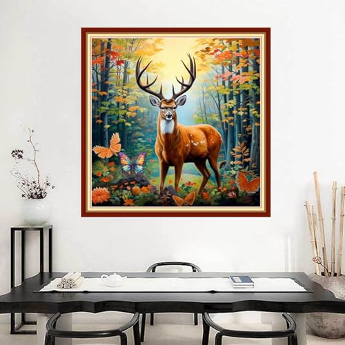 Image of Joyhoor Stamped Cross Stitch Kits for Beginners Needlepoint Kits for Adults Embroidery Kits 11CT Counted Cross Stitch Kits Printed Embroidery Pattern-Lucky Deer 18x18 inchs