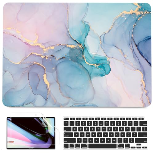 B BELK Compatible with MacBook Air 13 inch Case 2021 2020 2019 2018 M1 A2337 A2179 A1932 Touch ID, Plastic Hard Shell+2 Keyboard Cover+Screen Protector for MacBook Air 13.3 inch Case, Blue Pink Marble