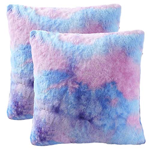 KEKY Colorful Faux Fur Decorative Pillow Covers 2 Pack Rainbow Soft Fuzzy Tie Dye Throw Cushion Pillowcases for Sofa Car Home Bedding (Blue)