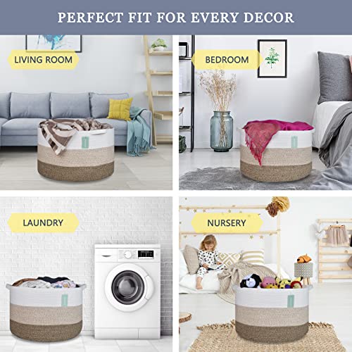 Image of Cotton Rope Blanket Basket, 87L Laundry Hamper, White & Ombre Brown | Collapsible Woven Nursery Hamper, Sturdy Handles for Clothes Toys Towels, Ideal for Living Room Bedroom Bathroom