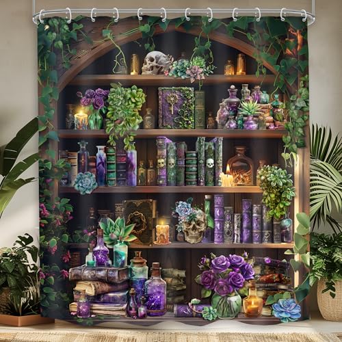 Mitpok Gothic Skull Shower Curtain 60Wx72H Vintage Witchy Spooky Retro Wizard Magic Bookshelf Succulent Black Unique Cool Bathroom Decor Plant Mysterious Bath Curtain Fabric Polyester 12 Pack Hooks