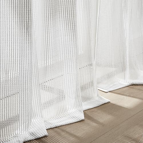 Image of Lush Decor Milla Knitted Textured Sheer Window Curtain Panels Pair 38 inch W x 84 inch L Pearl White - White Curtains for Bedroom - Sheer Curtains for Living Room
