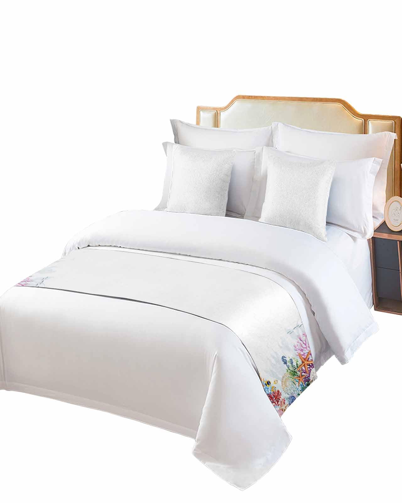 DecorLovee Coastal Bed Runners for Twin Size Bed, Decorative Bed Throws for Foot of Bed, Blue Summer Beach Nautical Starfish Coral Bed Runner Sofa Throw Bedding Scarf Protector Slipcover for Bedroom