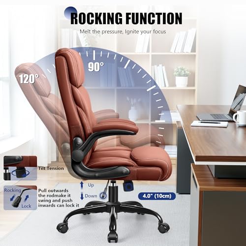 Image of Primy Office Chair, Ergonomic Leather Desk Chair with Flip-up Armrests, Big and Tall High Back Executive Computer & Gaming Chair with Footrest, Comfy Padded, Rocking Function and Lumbar Support(Brown)
