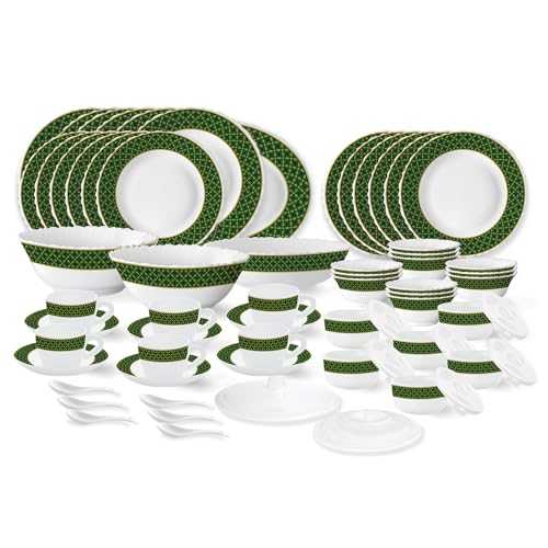 Image of Larah by Borosil Yuri Fluted Series Opalware Dinner Set | 66 Pieces for Family of 6 | Microwave & Dishwasher Safe | Bone-Ash Free | Crockery Set for Dining & Gifting | Plates & Bowls | White