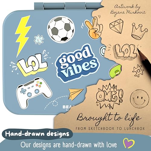 Image of Kids Lunch Box with Compartments - Compact & Lightweight | Leak-Proof, BPA-Free, Dishwasher Safe | Hand-Drawn Design for Preschool, School, Travel (Sticker Blue, 2.75 Cups) | BPA Free Leakproof Lunch Box with Compartments School & Nursery for Girls & Boys Lightweight & Compact