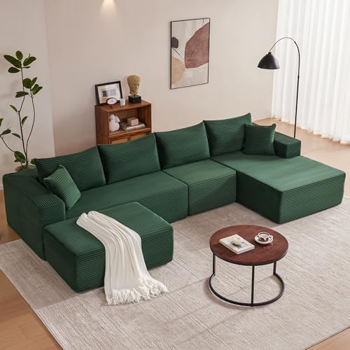 Image of Mangodan 140 inch Cloud Sectional Couch, Boneless Sofa for Living Room, Modular Sectional Sofa with Deep Seat, Comfy Fluffy U-Shaped Couch with Right-Facing Chaise, No Assembly Required, Green