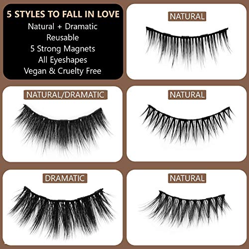 Magnetic Eyelashes with Eyeliner Kit, 5 Pairs Reusable Magnetic Lashes Set with 2 Big Tubes Magnetic Eyeliner, Free Tweezer Applicator, Mirror & Protective Gift Storage Box
