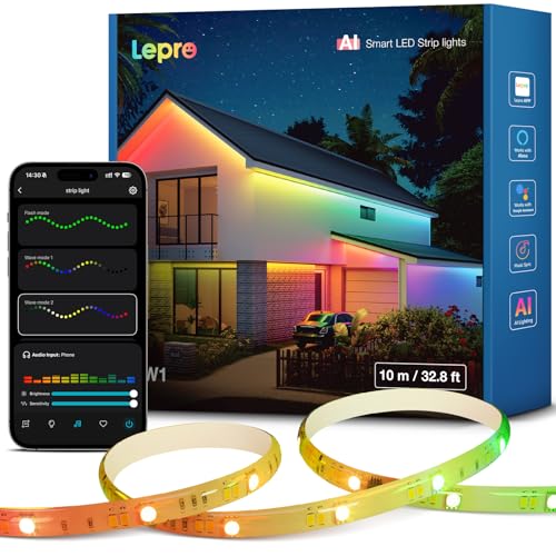 Lepro SW1 AI Smart Outdoor LED Strip Lights - 32.8ft IP65 Waterproof RGBCW Light Strips, 2700K-5700K Tunable Warm White, APP Control(No Remote), 2.4G Wi-Fi Lights for Holiday Decor, House, Porch, Eave
