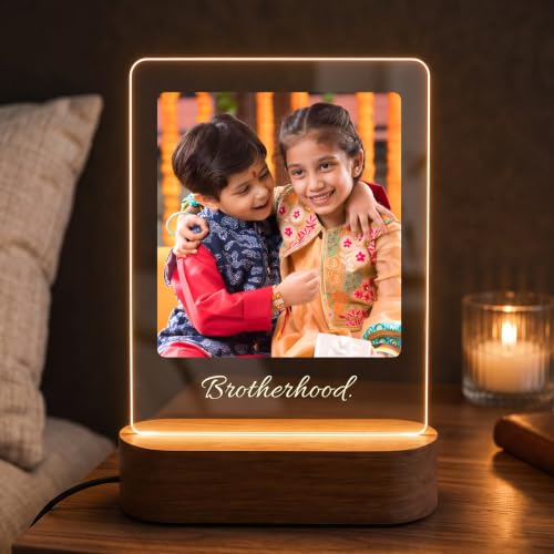 Image of Giftplease Personalized Photo Night Light, Custom Acrylic LED Lamp with Wooden Base, Engraved Picture Light Frame with Text, Heartfelt Brotherhood Friend Gift for Birthday, Rakhi, Christmas