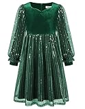 GRACE KARIN Mädchen Kleid Weihnachtskleid Festliche Kleider Kinder Kleid Prinzessin Langarm Herbstkleid Winterkleid Ballkleid Partykleid Pailletten Samtkleid Grün 152/158