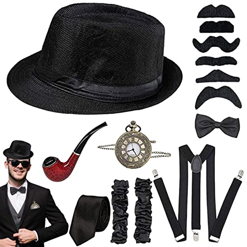 Halatua Accessoires de costume Clyde pour homme, ensemble de chapeaux de fête amusants – Bracelet de montre de poche vintage avec nœud papillon pour homme