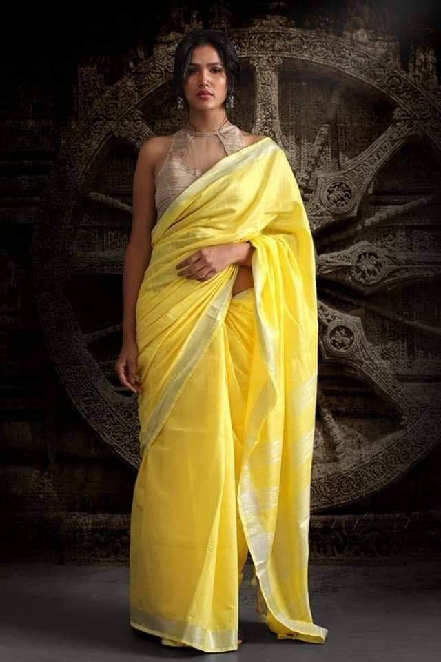 Image of STB-SILK TEXTILES BHAGALPUR Women's Bhagalpuri Linen Saree With Blouse Piece