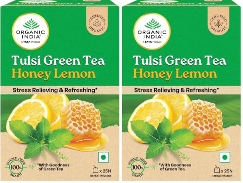 Image of ORGANIC INDIA Tulsi Green Tea Honey Lemon - 25 Tea Bags, Refreshing Blend with Tulsi, Green Tea, Lemon & Honey Flavors, Naturally Sourced Ingredients, Staple-Free Bags Certified Organic (Pack of 2)