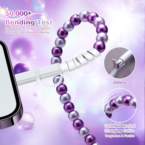 Image of Aolcev USB C Cable for iPhone Charging Cord 3.3FT 2 in 1 Multi Cute Beaded Phone Charger MFi Certified USB A to USB C and IOS Fast Charging Cable Type C Charger Cord for iPhone 16 15 14 Pro Max Purple