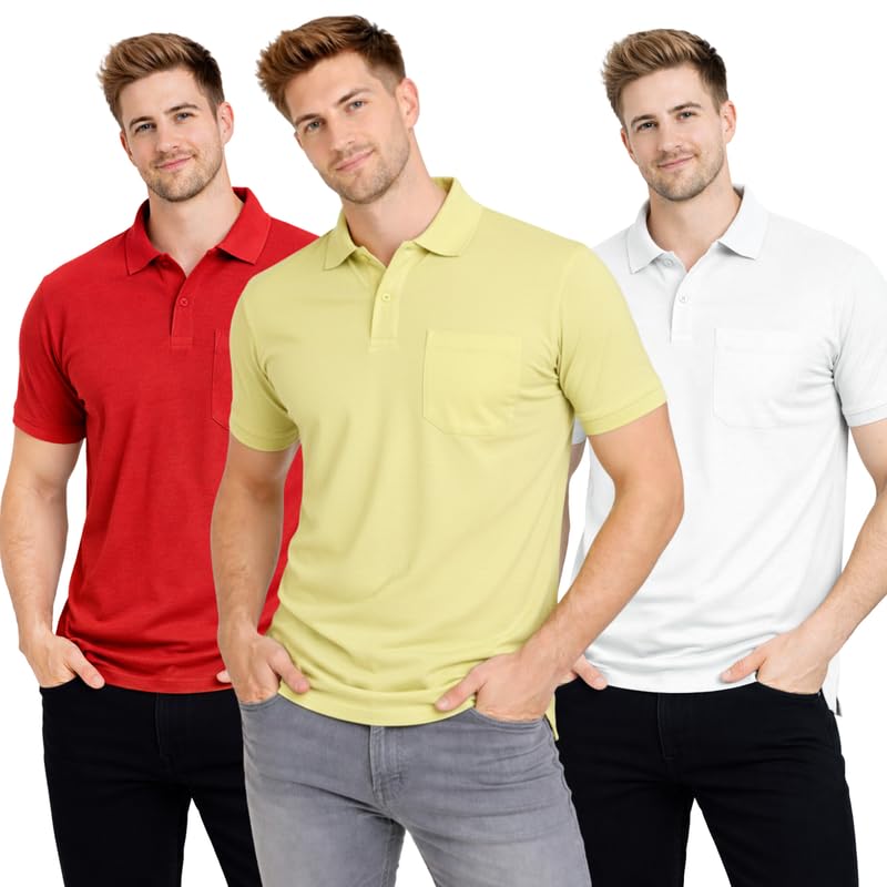 Image of SMAN Polo Neck T-Shirt Pack of 3 for Men & Boys | Half Sleeve Collar Tee with Pocket | Premium Spun Matty Fabric | Casual & Office Wear | Sizes M to 2XL | FX PO3 MCR LMN WHT