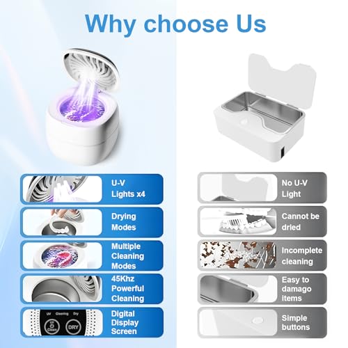 Image of Retainer Cleaner ultrasonic，45kHz 180ml ultrasonic cleaner, cleaning and drying functions with Digital Timer，Retainer Cleaner Machine for Dentures, Mouth Guards, Braces, Jewelry (White)
