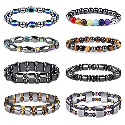 Jstyle 8 Pieces Hematite Magnetic Therapy Bracelet with Jewelry Bag,Strong Elastic,Natural Stones,Stress Relieving Magnet Bracelet Anxiety Relief for Women Men