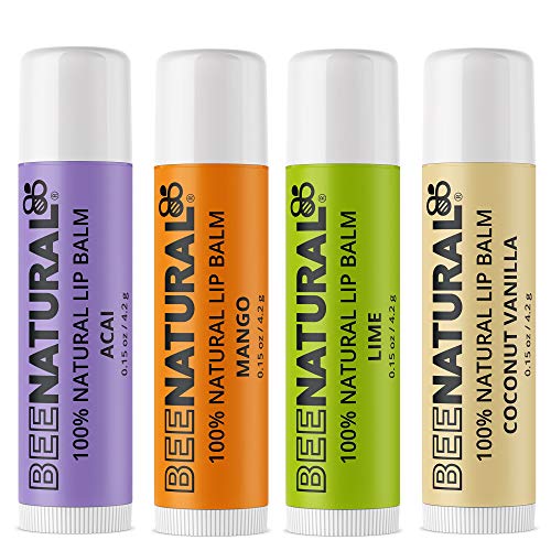 Bee Natural - 100% Natural Lip Balm - Lip Moisturizer for Very Dry Lips - Beeswax, Hydrating Butters and Essential Oils for Chapped Lips - 4 Pack Tropical Flavors (Coconut Vanilla, Mango, Lime, Acai)