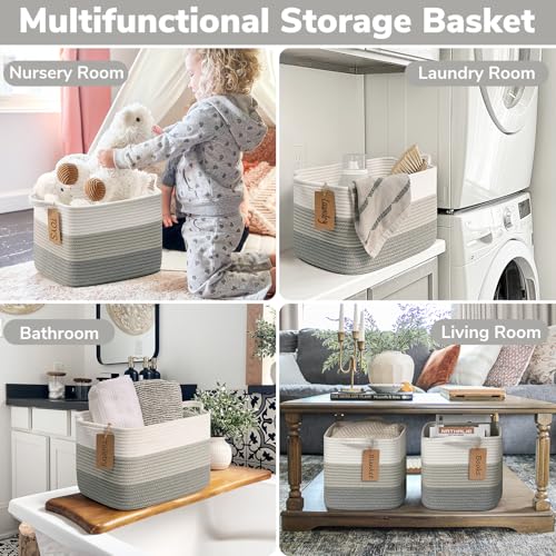 Image of Goodpick Woven Basket, Rope Baskets for Organizing, Toy Baskets Storage Kids, Empty Gift Basket with Handles, Closet Baskets for Shelves, Bathroom, 13 x 10 x 9 Inches, Gray