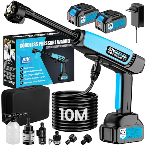 Hidrolimpiadora Bateria,Pistola de Agua a Presión 21V 80 bar,2x4000mAh,Boquilla 6 en 1,Tubo de 10 m Press & Clean Pistola Lavado,Hidrolimpiadora Portatil Batería para Coche Jardín Terraza Césped Riego
