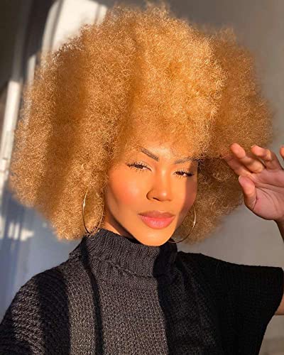 Hihoo Short Afro Wig With Bangs For Black Women Afro Kinky Curly Wig 70S Premium Synthetic Big Afro Wig(Blonde) #TOP3