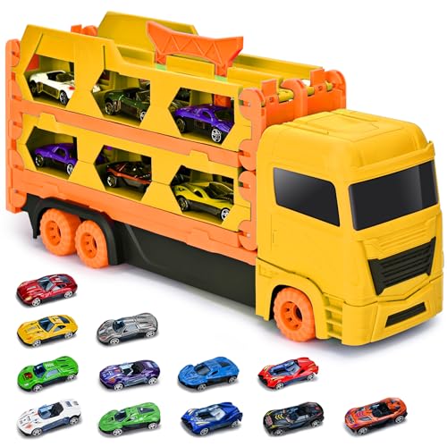 Xoolkly Camiones de Juguete Eyección Pista de Carreras Camión Juguetes Portátil Camión de Transporte Juguetes Niños 3 Años con 12 Mini Vehículos Coches Juguete para Niños 3 4 5 Años, Amarillo